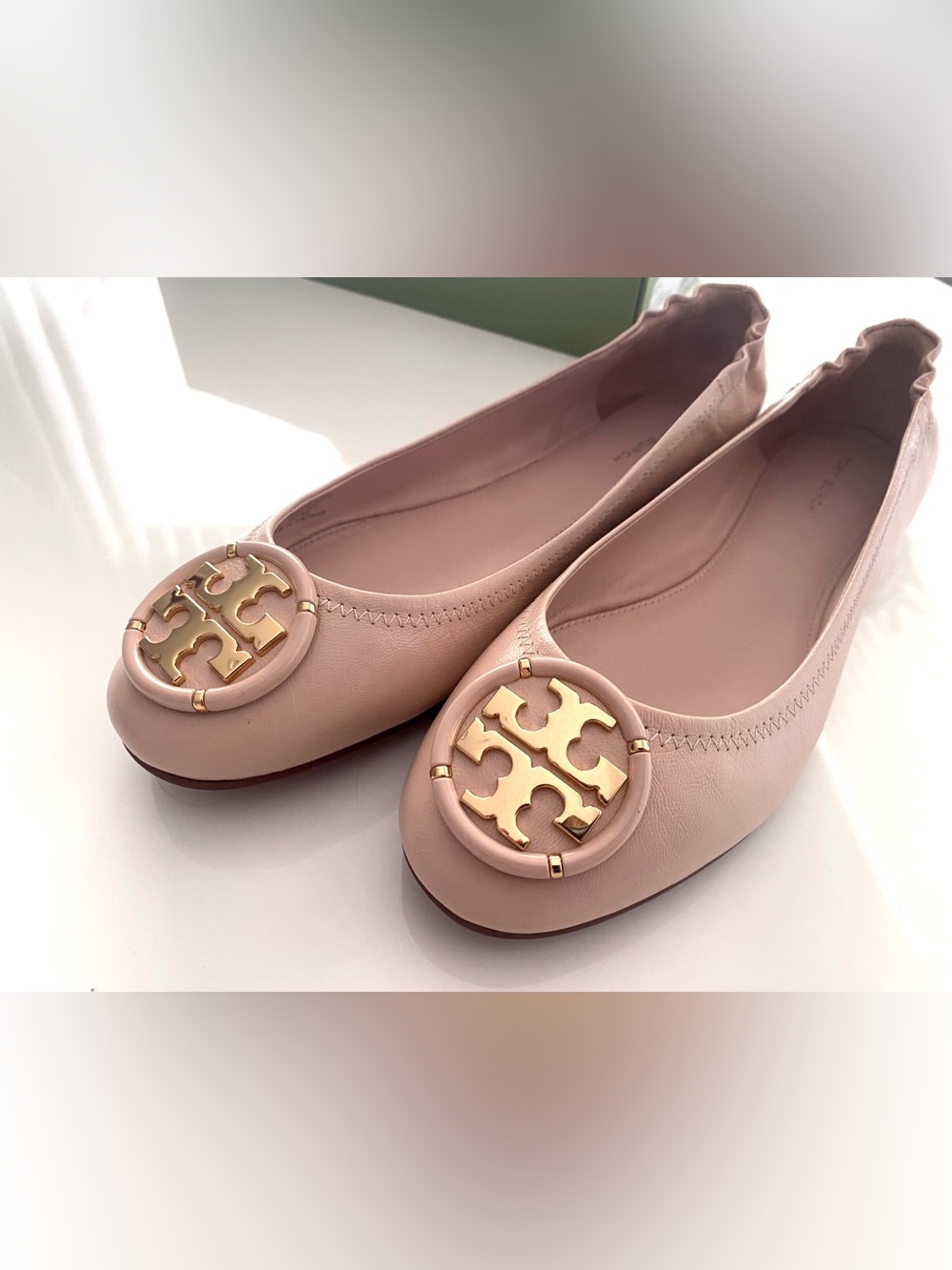 Tory Burch Blush Pink Leather Logo Ballet Flats like new